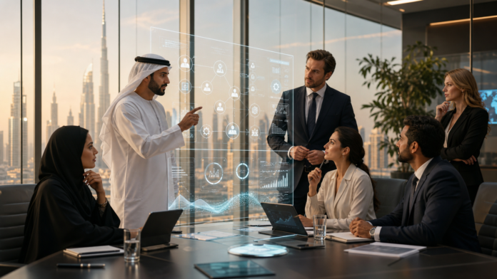 Dubai business team reviewing AI agent workflows for sales customer service and operations
