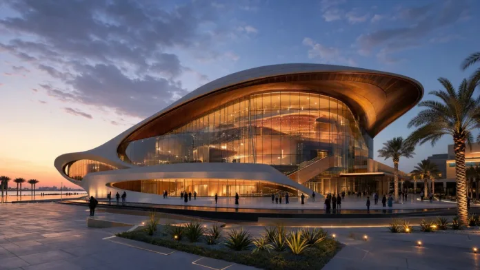 Futuristic performing arts centre near Saadiyat Island at sunset in Abu Dhabi