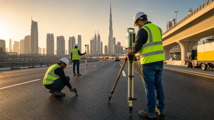 Dubai road maintenance crew inspecting freshly resurfaced asphalt road