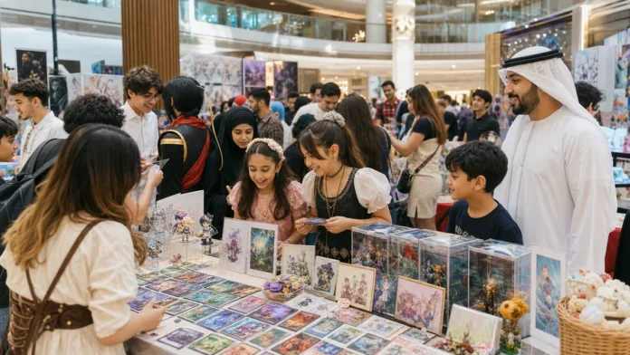 Families browsing trading cards and crafts at a free Dubai pop culture event