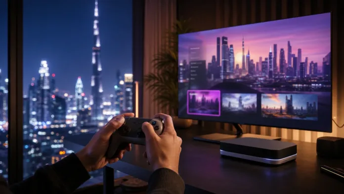 Dubai gamer holding a controller beside a console setup for GTA 6 UAE preorder news