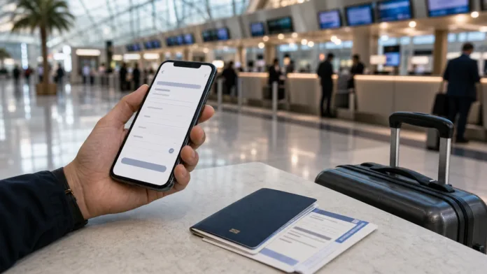 Traveller at a Dubai airport holding a phone with a generic India health declaration form