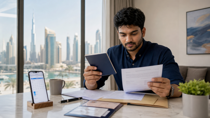 Indian resident in the UAE preparing passport renewal documents with Dubai skyline in the background
