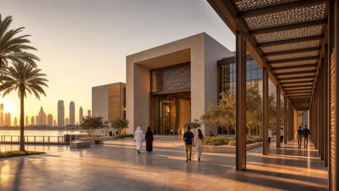 Modern UAE cultural district with museum architecture and visitors at golden hour