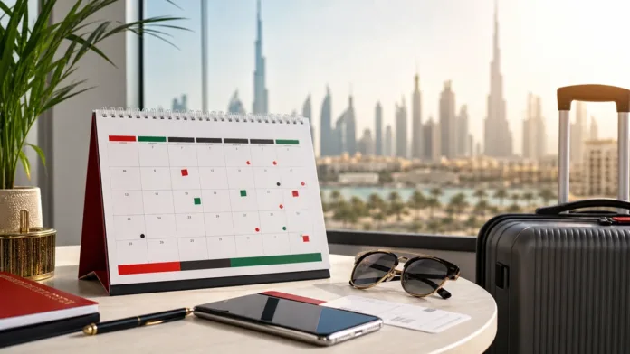 Calendar and travel planning items for UAE public holidays 2027 on a modern desk