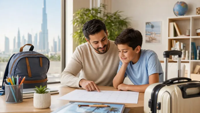 Parent and child planning UAE school summer break dates with calendar and travel bag