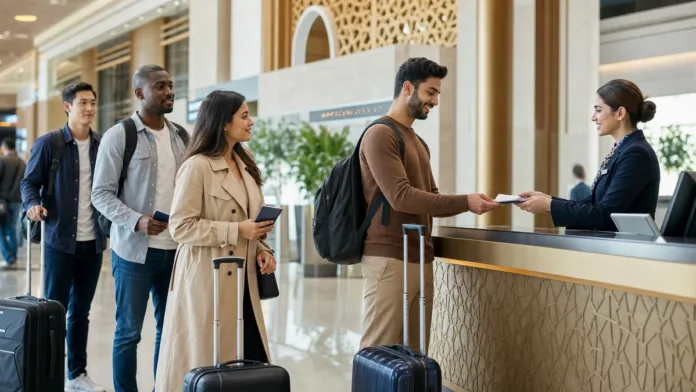 Travellers with luggage in a modern UAE airport arrivals area for visa on arrival news