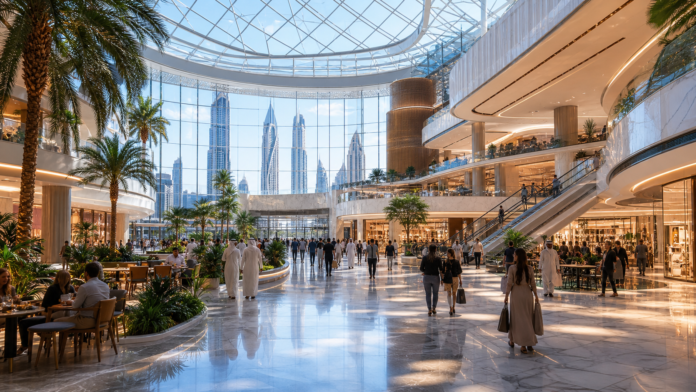 Modern Dubai mall atrium concept with skylights greenery shoppers and city architecture