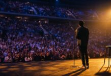 Abu Dhabi Comedy Season 2026: First Acts Stand-up comedian performing for a packed Abu Dhabi arena audience