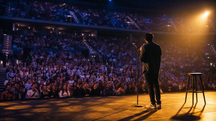Abu Dhabi Comedy Season 2026: First Acts Stand-up comedian performing for a packed Abu Dhabi arena audience