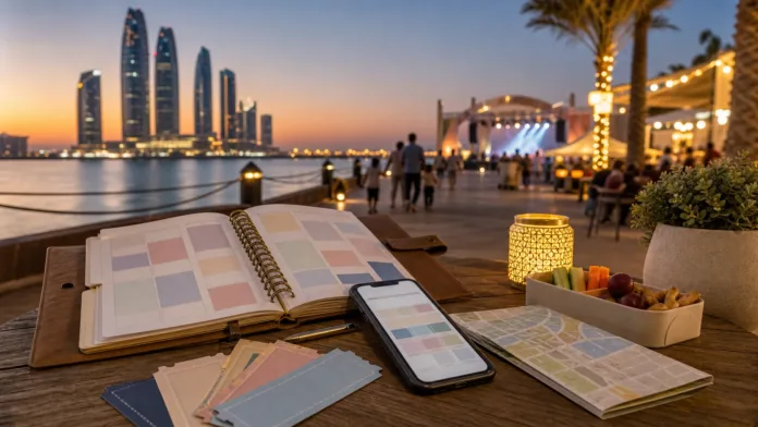 Abu Dhabi waterfront events planning scene with ticket shapes planner and evening venue lights