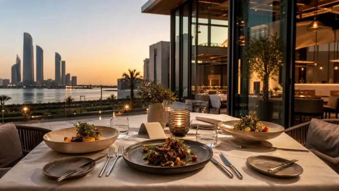 Elegant Abu Dhabi restaurant opening scene with plated dishes and waterfront skyline ambience