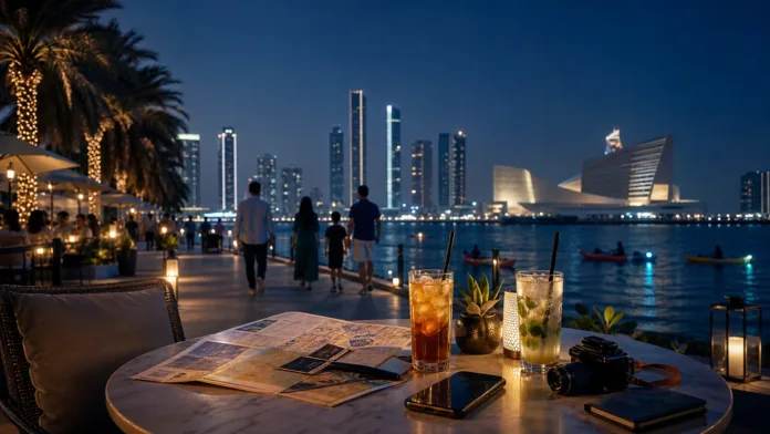 Abu Dhabi night activities waterfront with skyline lights cafe table and evening leisure mood