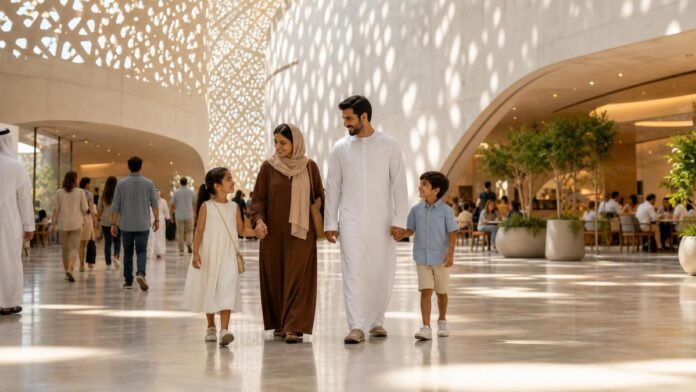 Family walking through a bright Abu Dhabi cultural atrium for weekly things to do