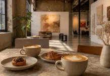 Alserkal Avenue Cafes: 8 Cool Stops Alserkal Avenue cafe table with coffee pastries and arts district atmosphere in Dubai