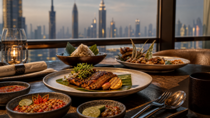 Elegant Indonesian restaurant table in Dubai with sambal dishes and skyline-view dining ambience