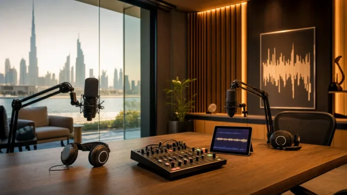 Arab Podcast Program Dubai Featured Image Modern Dubai podcast studio with microphones and audio equipment for the Arab Podcast Program third edition