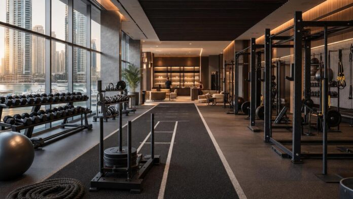 Premium Dubai Marina wellness club gym with functional training equipment