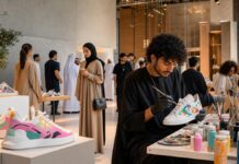 Bespoke Sneaker Fair Dubai: Free City Walk Event Dubai sneaker fair with artist painting custom sneakers at a modern indoor event