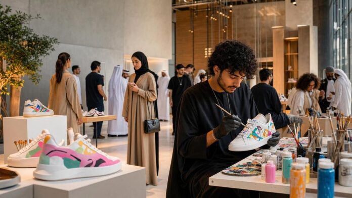 Bespoke Sneaker Fair Dubai City Walk featured image Dubai sneaker fair with artist painting custom sneakers at a modern indoor event