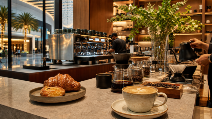 Stylish Dubai specialty coffee cafe with espresso machine pour-over setup and warm pastries