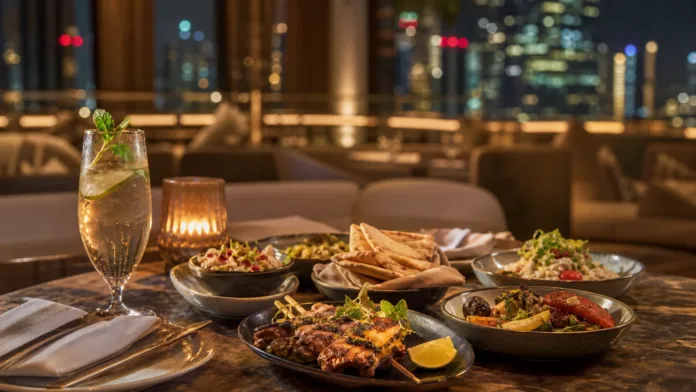 Abu Dhabi evening dining table with shared plates for Chamas Bar evening menu