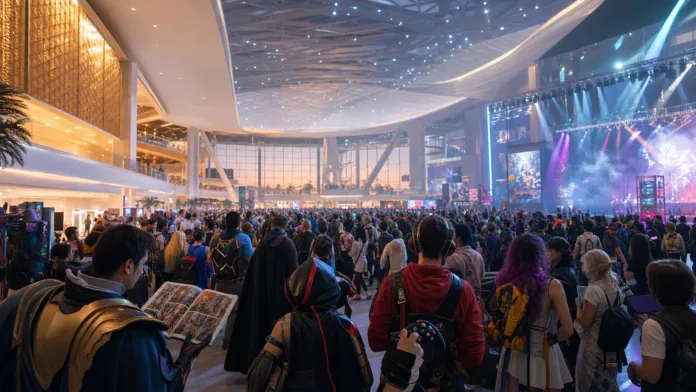 Crowded Abu Dhabi pop culture convention hall with cosplay and gaming lights for Comic Con 2026