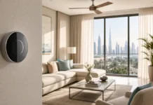 DEWA AC Bill Dubai: Summer Cooling Tips Dubai apartment cooling setup with smart thermostat curtains and summer skyline view
