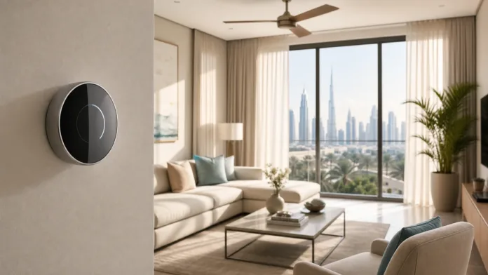 DEWA AC bill Dubai summer cooling tips featured image Dubai apartment cooling setup with smart thermostat curtains and summer skyline view