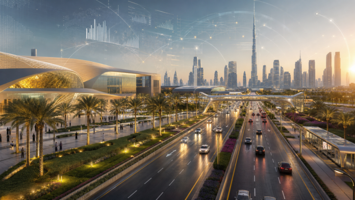 Dubai future projects concept with road corridor upgrades culture district planning and skyline context