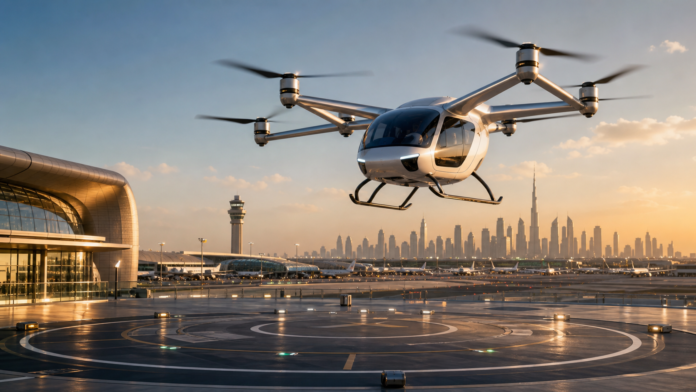 Electric air taxi lifting from a Dubai vertiport near airport and skyline