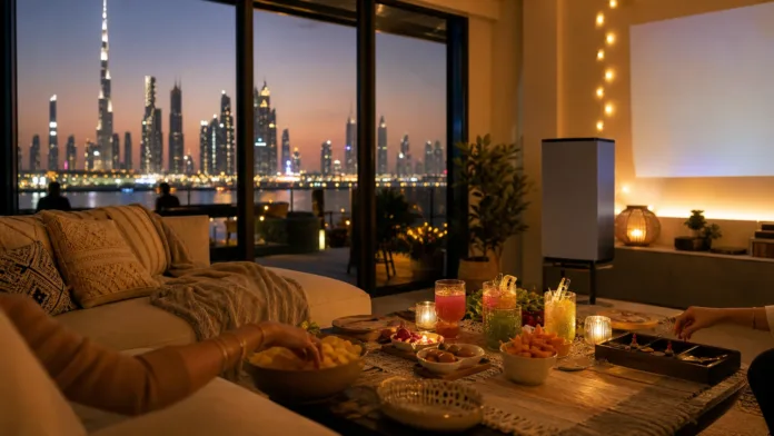 Dubai at-home festival summer party guide featured image Dubai apartment at-home summer festival setup with snacks mocktails projector lights and skyline view