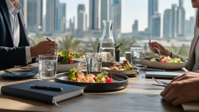 Dubai Business Lunches Featured Image Dubai business lunch table with plated dishes, notebooks and skyline views in a weekday restaurant setting