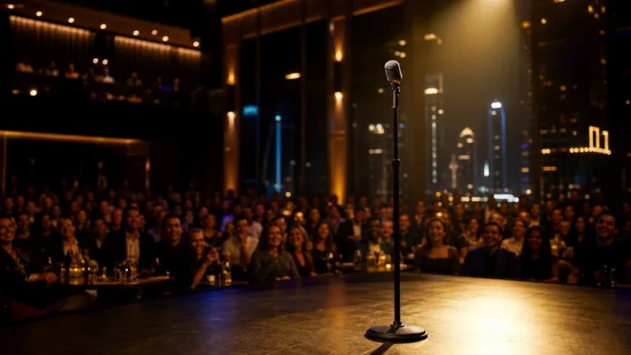 Comedy stage microphone with a Dubai audience for Dubai Comedy Festival 2026 tickets