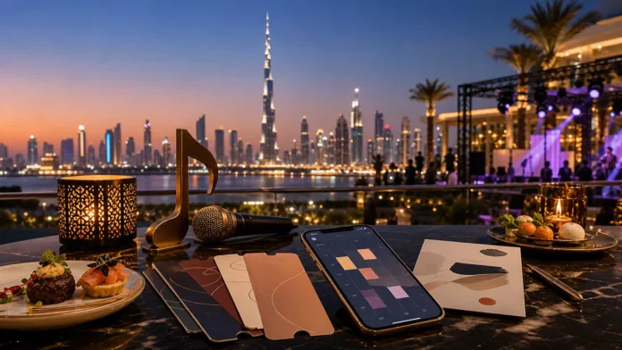 Dubai events planning scene with skyline venue lights tickets and evening entertainment atmosphere