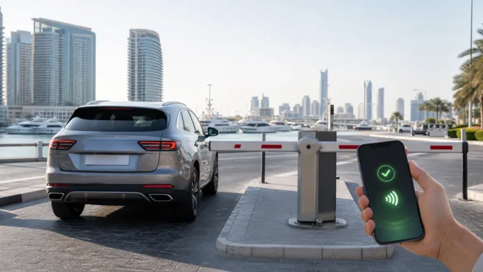Dubai Harbour parking Salik cashless guide featured image Dubai Harbour cashless parking barrier with car smartphone payment approval and marina skyline
