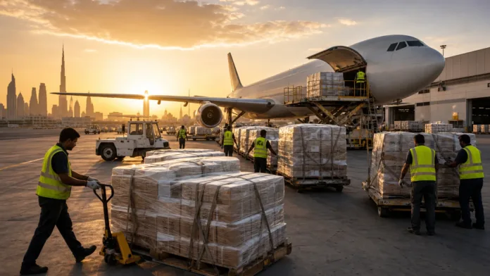 Relief cargo pallets being loaded onto an aircraft at a Dubai logistics hub for a humanitarian airlift