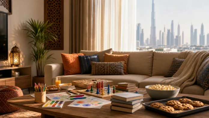 Dubai indoor activities at home family ideas featured image Dubai family indoor activity setup with crafts board games books and baking at home