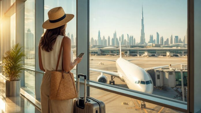 Summer traveller planning a smooth holiday at a Dubai airport