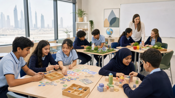 Dubai classroom with students learning financial wellbeing sustainability and teamwork skills