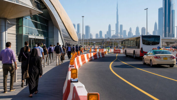Commuters using redirected road access near a Dubai Metro station