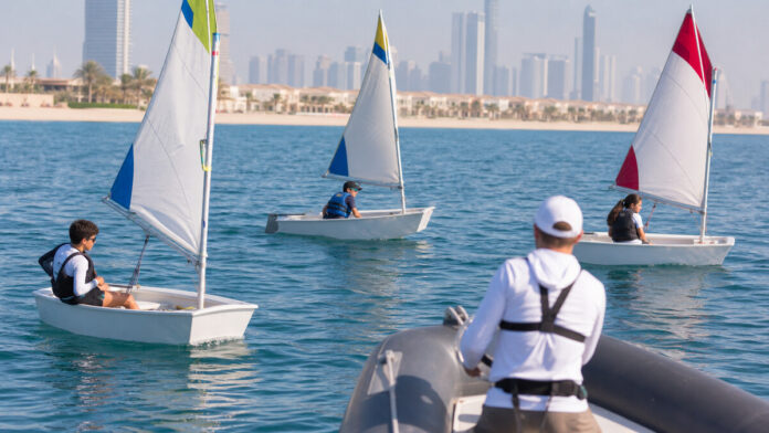 Young sailors training in small boats off a Dubai beach