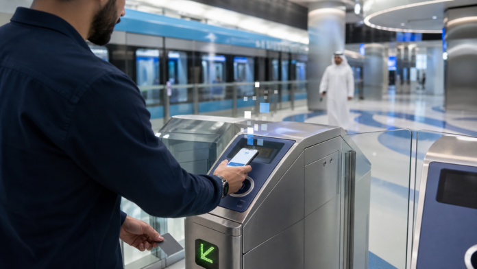 Dubai nol card upgrade featured image Dubai Metro fare gate with phone wallet transit card and account based ticketing concept