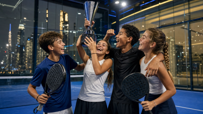 Young padel players celebrating on a modern Dubai court after a youth tournament
