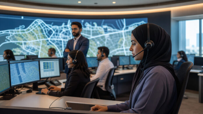 Emergency call operators working in a modern Dubai control room