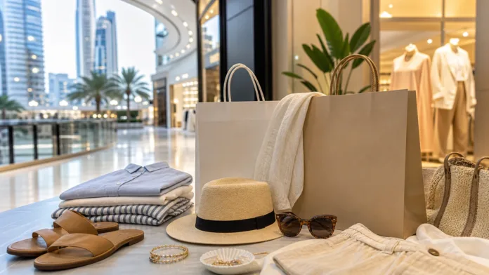 Dubai summer shopping scene with stylish outfits, accessories and unbranded shopping bags