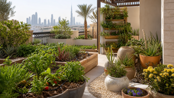 Dubai sustainable home garden balcony with native plants herbs recycled planters and water-wise greenery