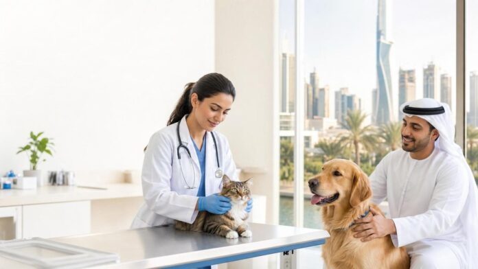 Dubai veterinary services H1 2026 featured image Dubai veterinary clinic with veterinarian caring for cat and dog during municipal pet services
