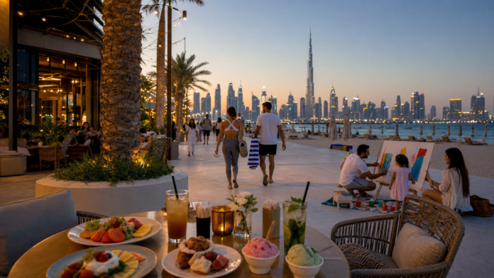 Dubai weekend lifestyle scene with skyline promenade dining art activity and summer event energy