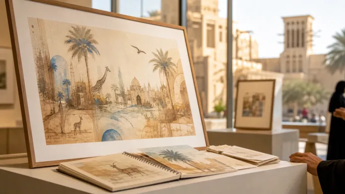 Dubai gallery artwork evoking old Dubai Zoo and Jumeirah memories in a warm heritage setting